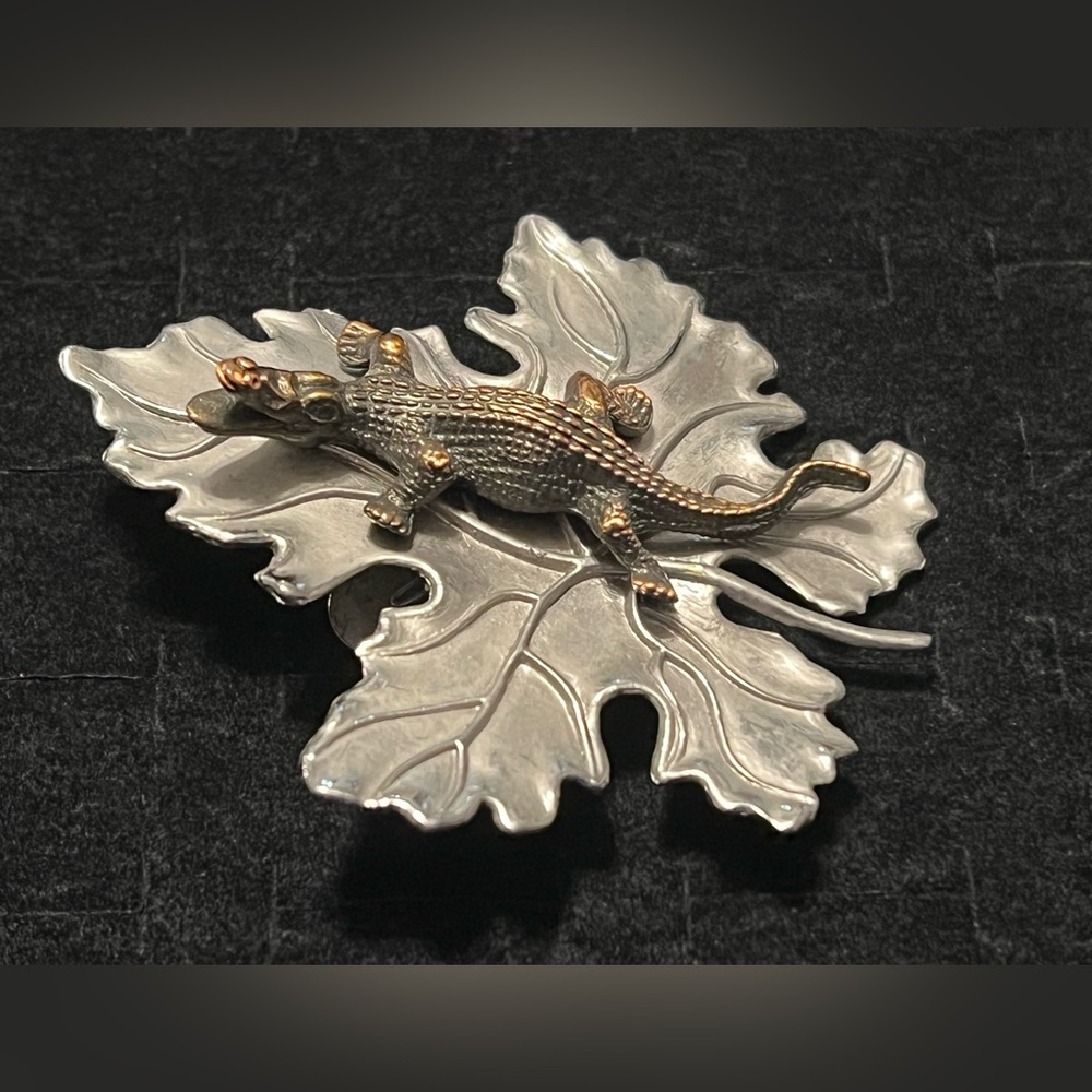 Sylvia Dahl Signed Silver Copper Tone Crocodile Leaf Brooch